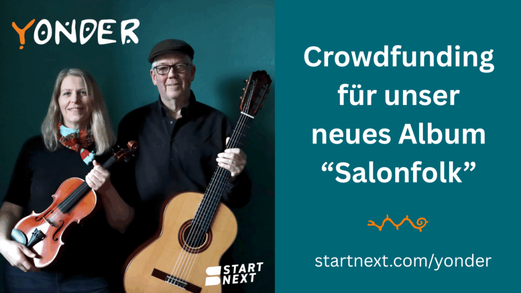 Vorschaubild zum Crowdfunding. Links Gika und Olaf mit Geige und Gitarre. Rechts der Text "Crowdfunding für unser neues Album 'Salonfolk'" und der Link zu Startnext.